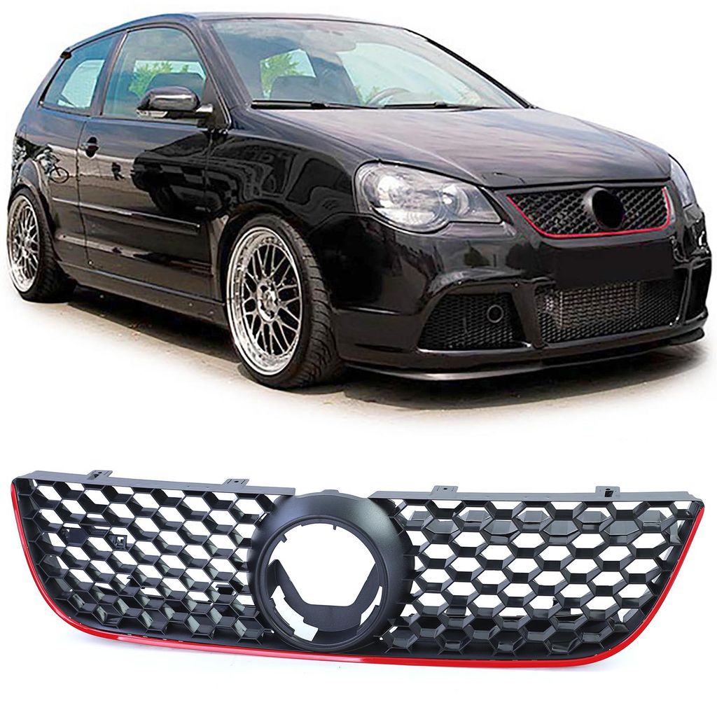Kühlergrill Sportgrill mit Leiste Rot für VW Polo 9N3 05-09 auch GTI – Produktansicht