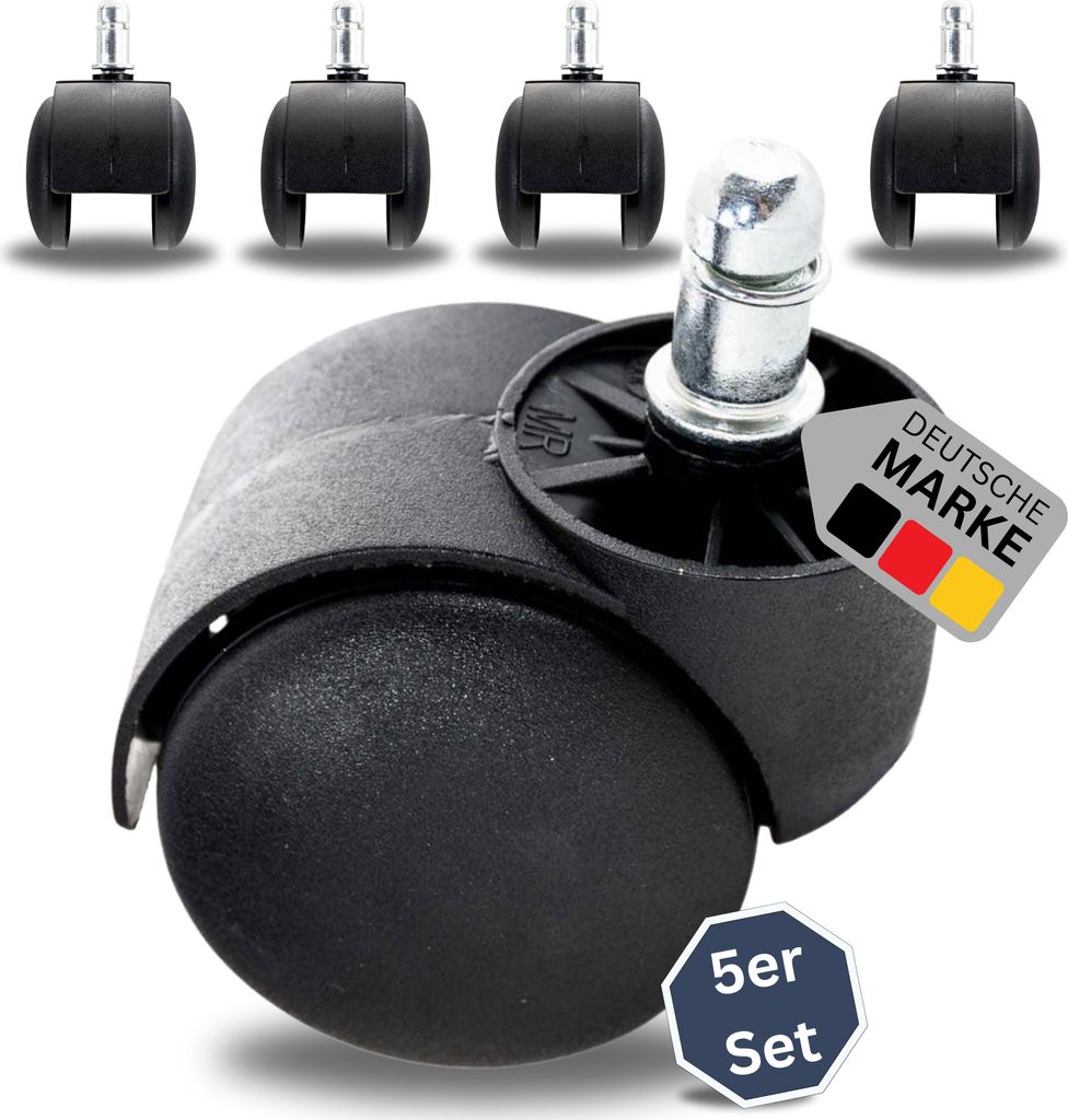 DELUKE Bürostuhl Rollen 11mm Stift | 5er Set Rollen für Bürostuhl | 11x20mm Stift | Bodenrollen für Hartböden, Parkett, Teppich, Laminat | R...