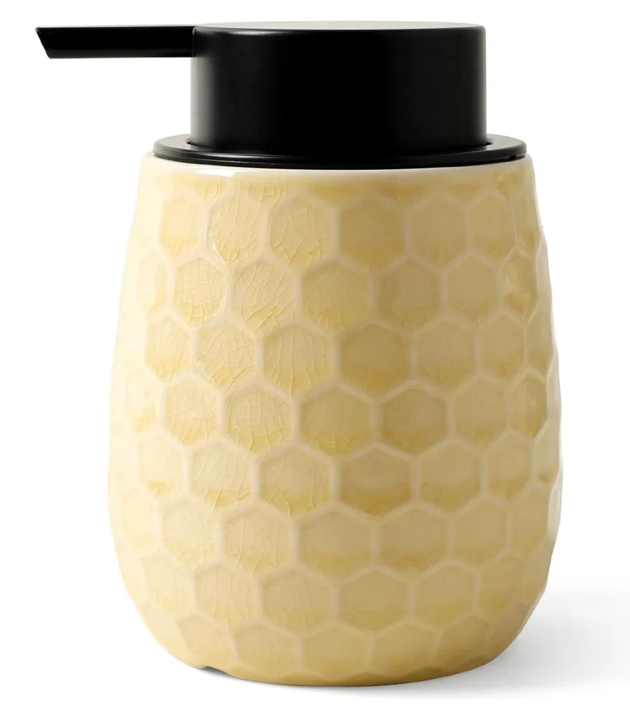 Distributeur de savon céramique jaune 350 ml avec motif alvéolé moderne