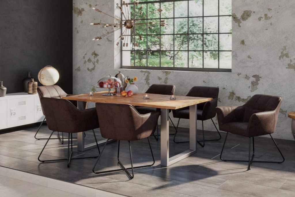 7tlg. Essgruppe Dora 140 x 80 cm, Mangoholz massiv & naturfarben, Baumkantentisch mit U-Metallgestell in Silber + 6X Stuhl Kirin in Wildleder-Optik