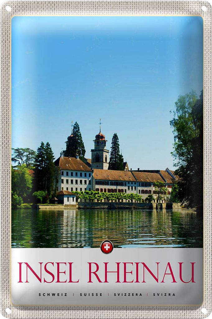 Blechschild Reise 40x30cm Insel Rheinau Schweiz Kirche Urlaub