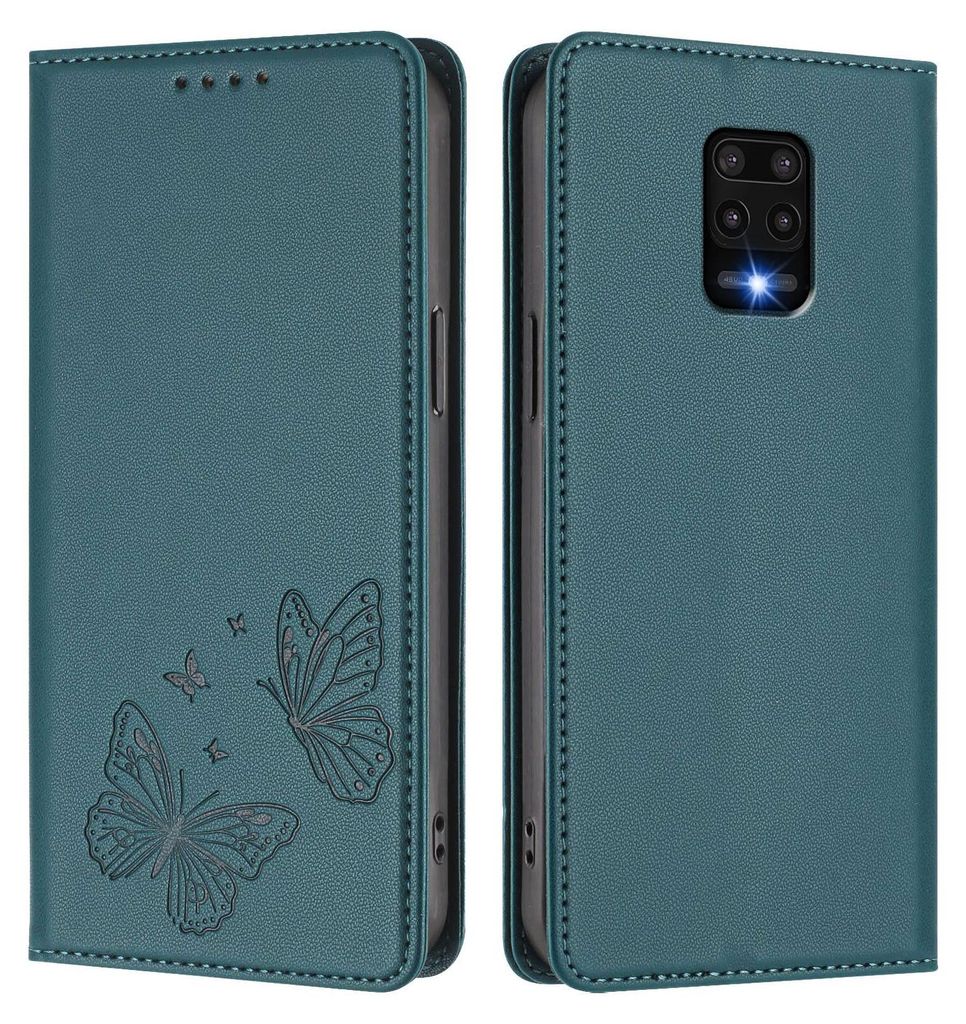 Lederhülle für Xiaomi Redmi Note 9S/ 9 Pro/ 9 Pro Max, Schmetterling Prägung Leder Brieftasche Schutzhülle mit Ständer Grün