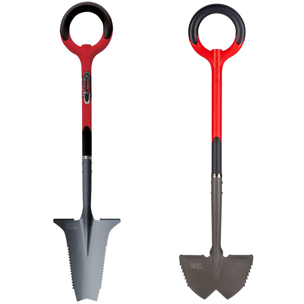Root Slayer Set Wurzelspaten + Rasenkantenstecher mit Stiel, ergonomisch & robust, Spaten & Schaufel mit Schneidspitze & Wurzelsäge, rot