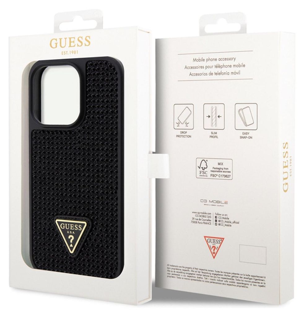 A black Guess phone case is displayed inside its packaging, with the packaging open to reveal the product and information on the inside flap.