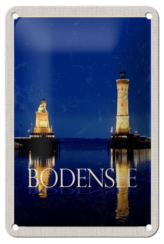 Blechschild Reise 12x18cm Bodensee Deutschland Leuchtturm Nacht Schild