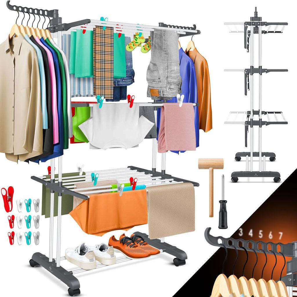A multi-tiered drying rack with various clothing items and accessories displayed on it.