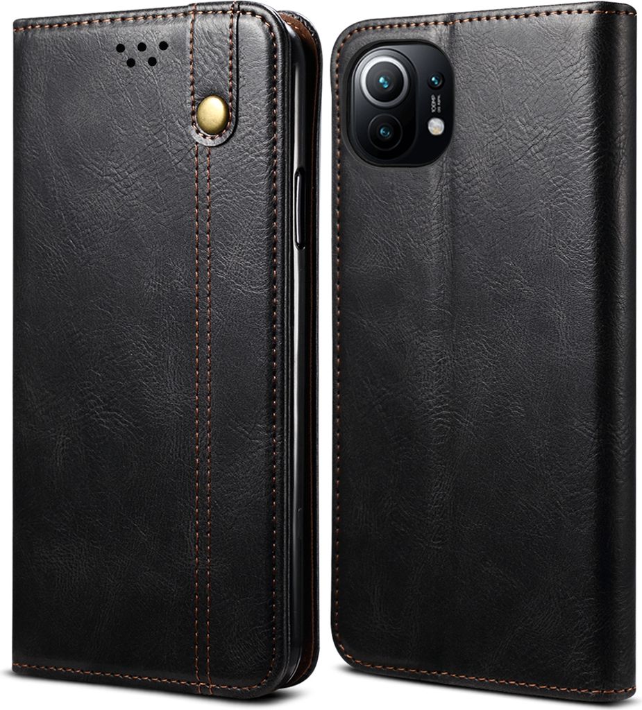 Xiaomi Mi 11 Hülle, LaimTop Leder Flip Brieftasche Schutzhülle für Xiaomi Mi 11 Schwarz