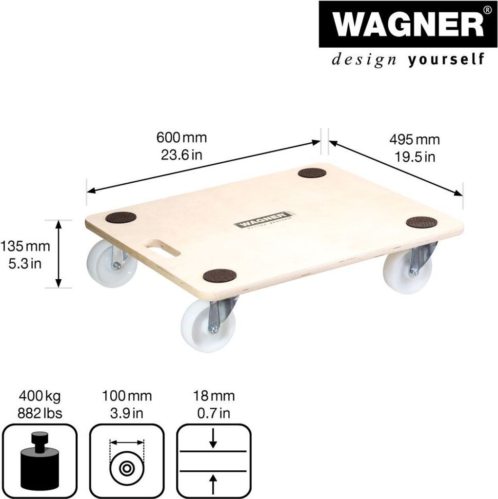 Carrello Trasporto Wagner 400 Kg - Piano 60x50 Cm, Ruote Girevoli, Maniglia, Ideale Per Mobili E Elettrodomestici