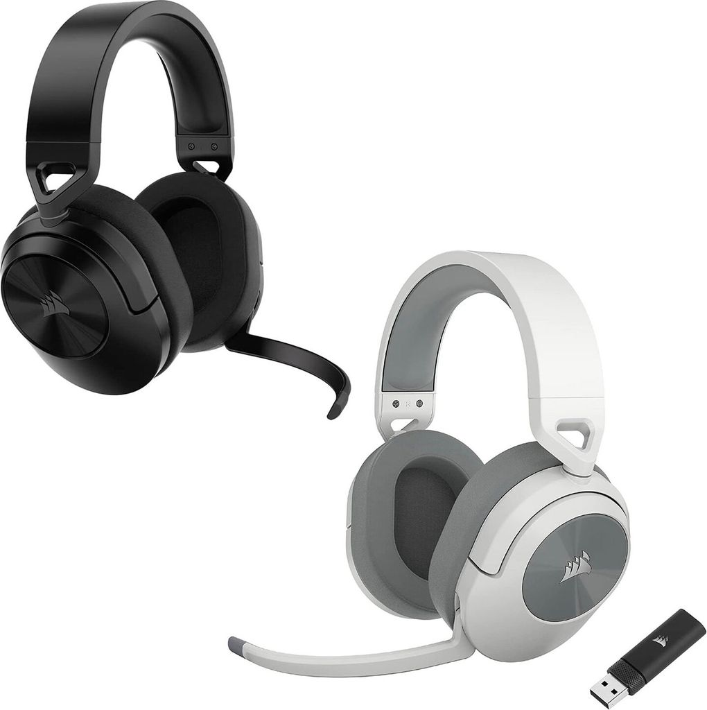 Two Corsair HS55 wireless gaming headsets, one black and one white, are displayed against a white background. A USB dongle is also visible.