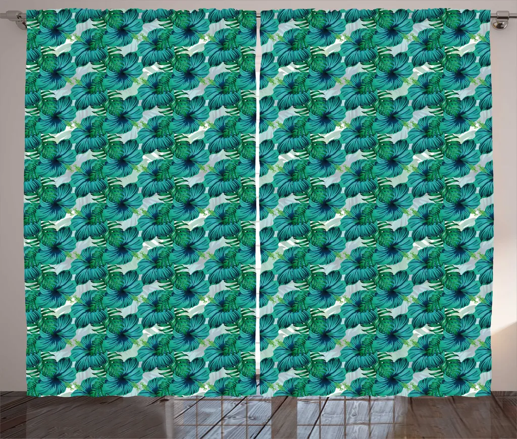 ABAKUHAUS Tenda esotica rustica, foglie estive Aloha Hibiscus, tende universali per soggiorno con passanti e ganci, 280 x 245 cm, verde acqua scuro Seafoam