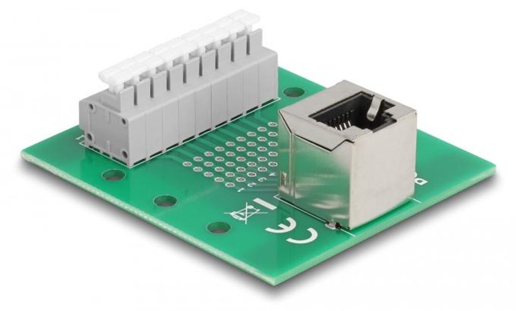 Delock RJ45 Buchse zu Terminalblock mit Drucktaster für Hutschiene gewinkelt (66993)