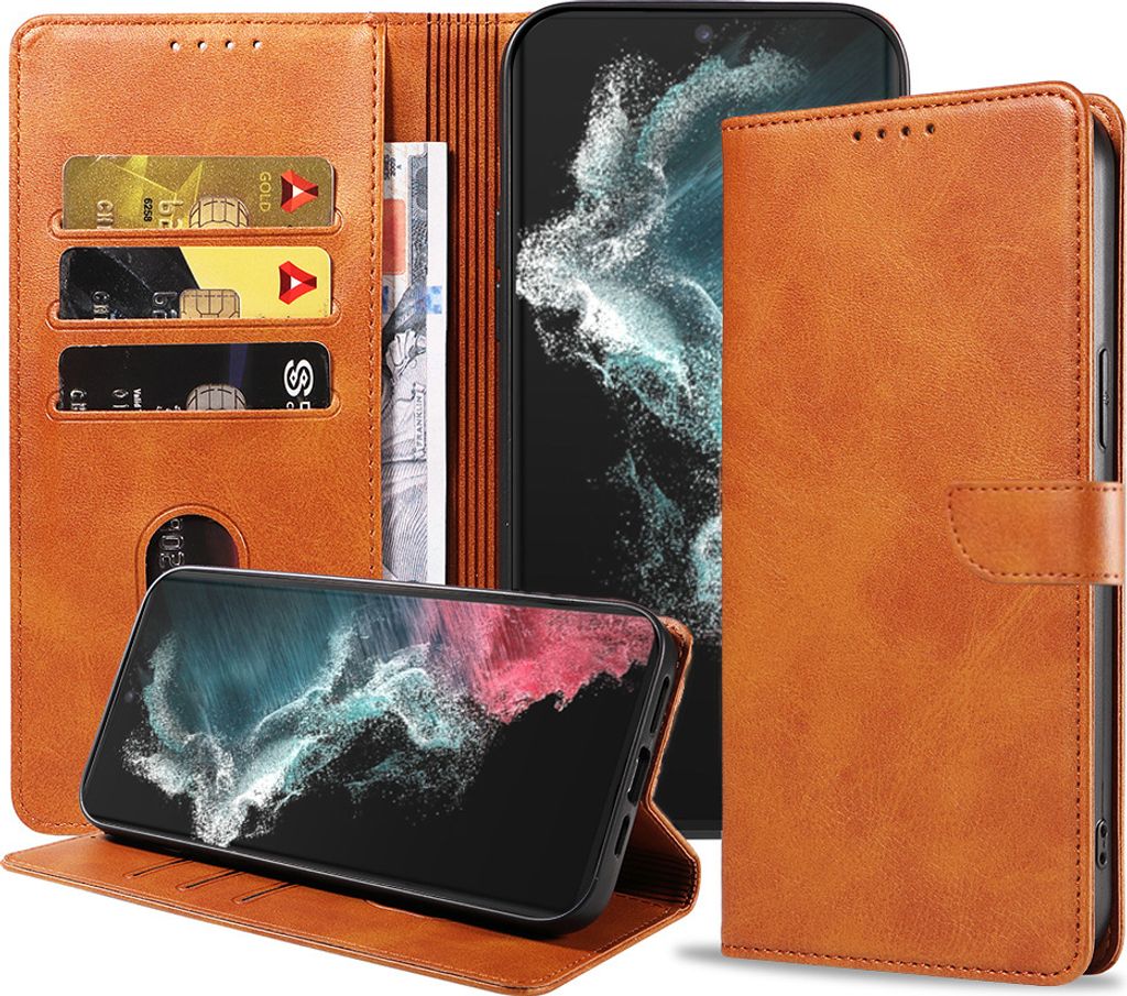 Geschikt voor Samsung Galaxy S22 Ultra Telefoonhoesje Kunstleer met Magnetisch lipje en Pasjeshouder Book Case met Klepje - Bruin - Smartphonica