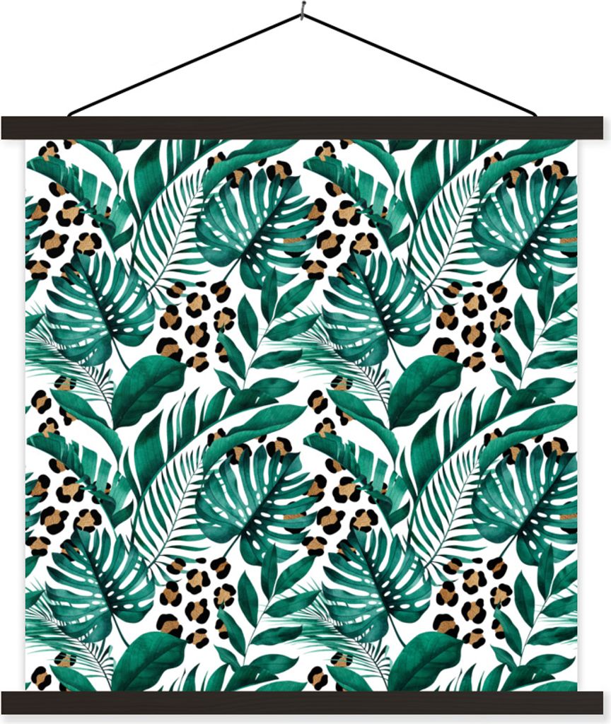 MuchoWow Textilposter Tropisch - Palmenblatt - Pantherdruck 90x90 cm mit schwarzem Rahmen - Magnetisches