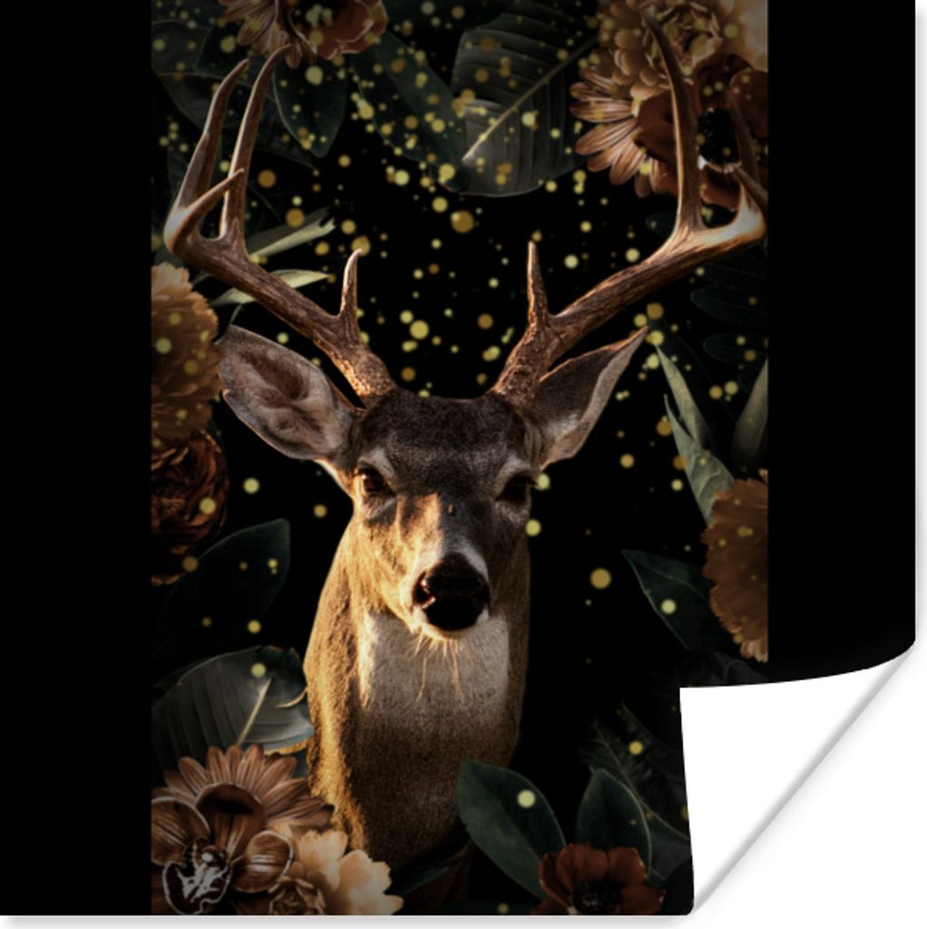 MuchoWow Poster Hirsche - Tiere - Licht - Blumen 75x75 cm - Wand Dekoration