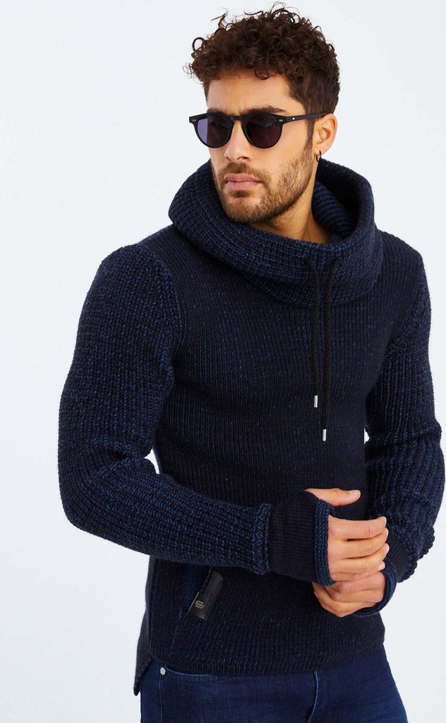 Leif Nelson Schalkragen Herren Strickpullover Grobstrick Schalkragen LN-5060, Blau / XXL