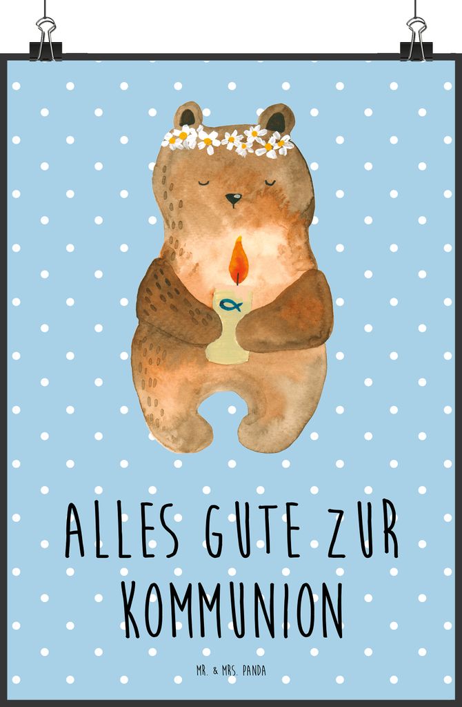 Mr. & Mrs. Panda Bild Bär Kommunion DIN A5 - Blau Pastell - Geschenk, Wandbild, wanddeko, Posterdruck, Katholisch, Gottes Segen, Teddy, kunstdruck...