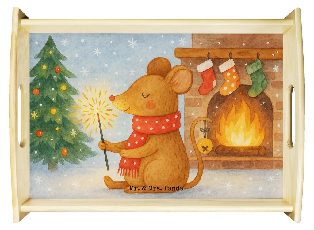 Mr. & Mrs. Panda Tablett Maus Weihnachten Design - Weiß - Geschenk, Sofa, sofatablett, Weihnachtsmotiv, Dekotablett, Mäuschen, Weihnachtsgruß, S...