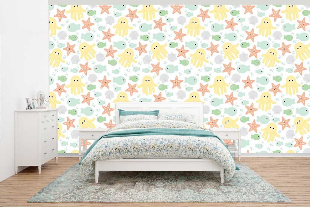MuchoWow Fototapete für Wohnzimmer oder Schlafzimmer Wandtapete Vinyl Motivtapete Meerestiere - Baby - Muscheln - 535x300 cm - Wanddekoration