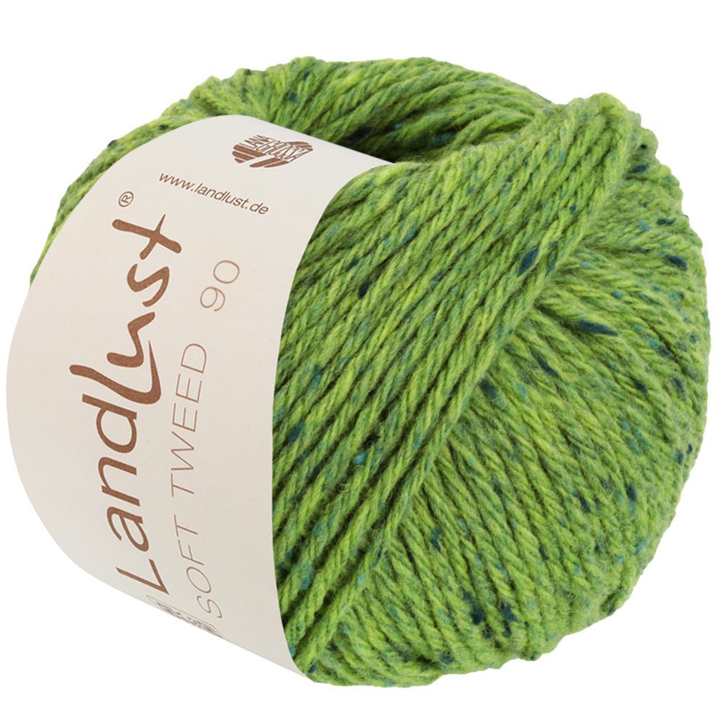 A ball of green tweed yarn with flecks of yellow and blue, on a white background.