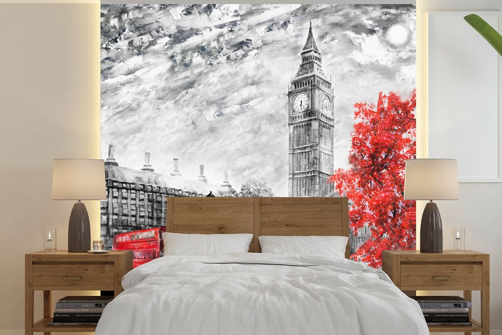 MuchoWow Fototapete für Wohnzimmer oder Schlafzimmer Wandtapete Vinyl Motivtapete Gemälde - Big Ben - Rot - Regenschirm - 350x350 cm - Schlafzi...