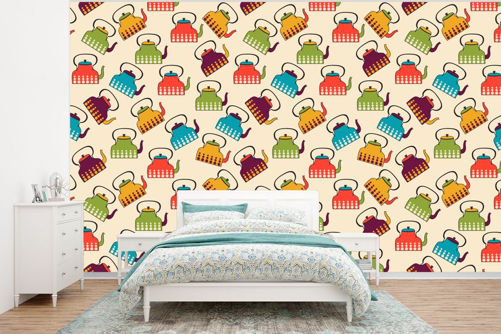 MuchoWow Fototapete für Wohnzimmer oder Schlafzimmer Wandtapete Vinyl Motivtapete Design - Retro - Teekanne - Farben - 295x220 cm - Wand Tapete
