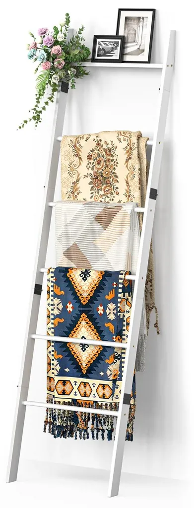 Échelle porte-serviettes 180 cm bois blanc : idéale salle de bain/chambre