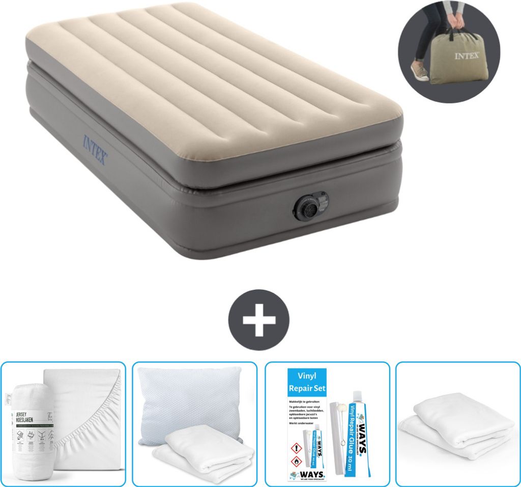 Intex Luftbett - 1 Person - 99 x 191 x 51 cm - Grau - Inklusive Pumpe - Spannbettuch - Küssen - Reperaturset en Kissenschutz