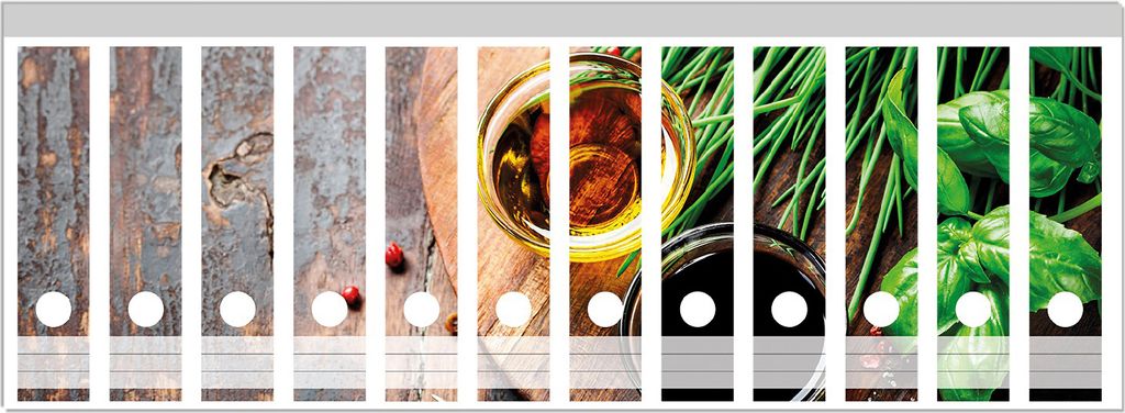 Wallario Ordnerrücken Sticker, selbstklebend für breite Ordner, 12 Stück, Motiv Kräuter, Öle und Gewürze auf einem Holzbrett