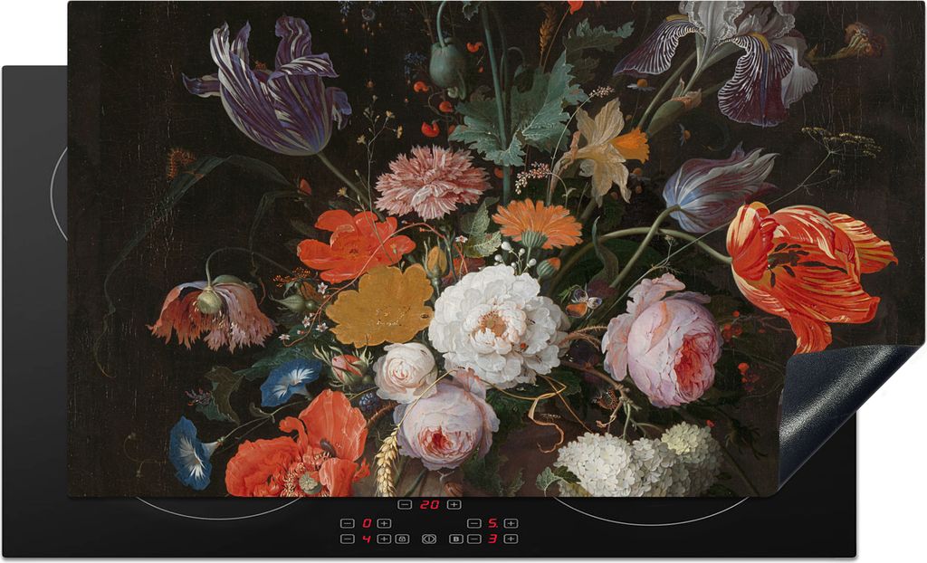 KitchenYeah Herdabdeckplatte Stilleben mit Blumen und einer Uhr - Gemälde von Abraham Mignon , 91x52cm, Küche Deko, Glaskeramikkochfeld Herdabd...