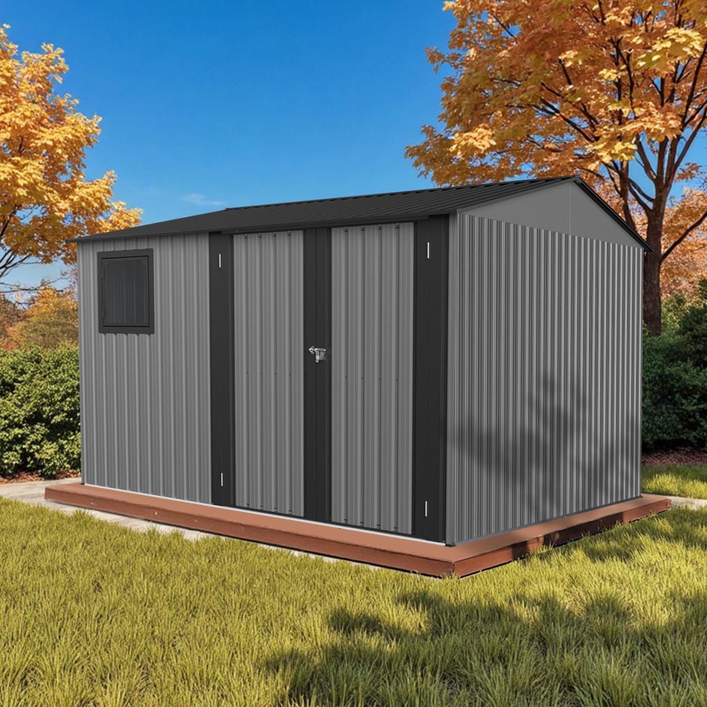 HOMAVO Gerätehaus Metall mit Pultdach, Gartenhaus Metall mit Fundament, 301.9 ×301.2×203.3cm, ideal für Garten, Terrasse oder Rasen