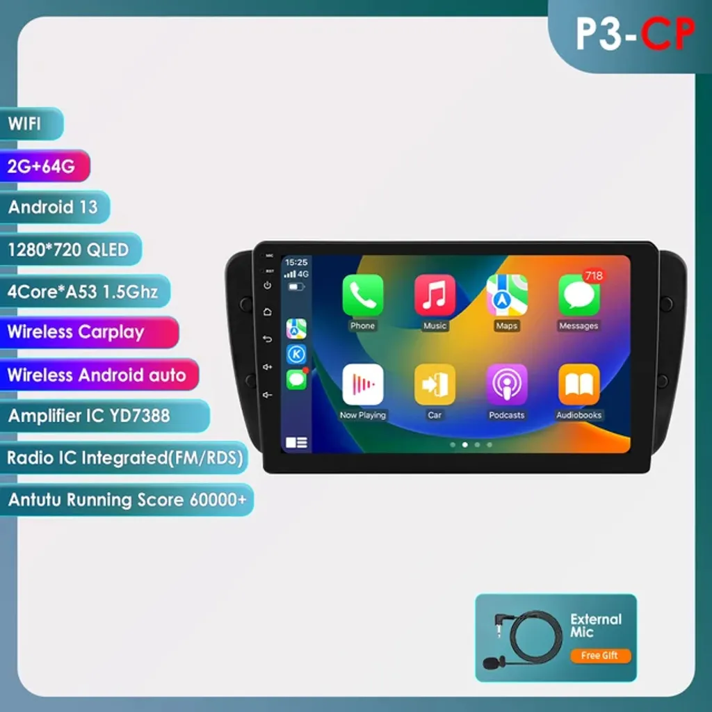 Autoradio Carplay sans fil Android Auto P3CP 4Core GPS 2G 64G fluide