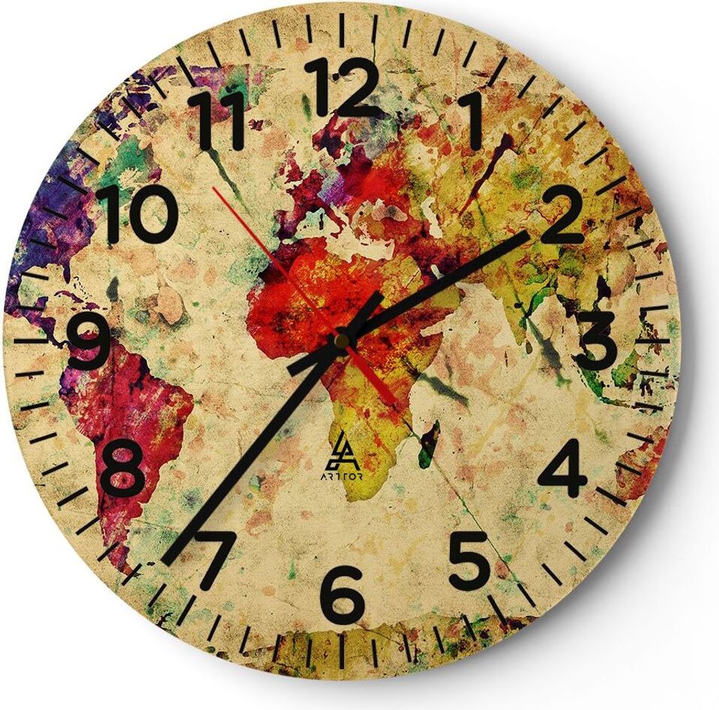 Wanduhr - Rund - Glasuhr - Karte Welt modern - 40x40cm - Schleichendes Uhrwerk - Lautlos - zum Aufhängen bereit - Dekoration Modern - Wanddekorati...