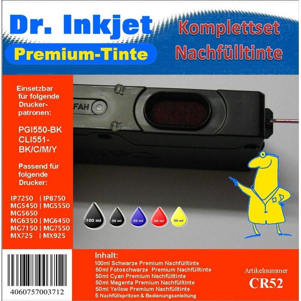 CR52 - 300ml Starterpack Dr. Inkjet Premium Nachfülltinte für Canondrucker mit 5 Farben - Alles drin Packung - für PGI550 + CLI551 CMYK