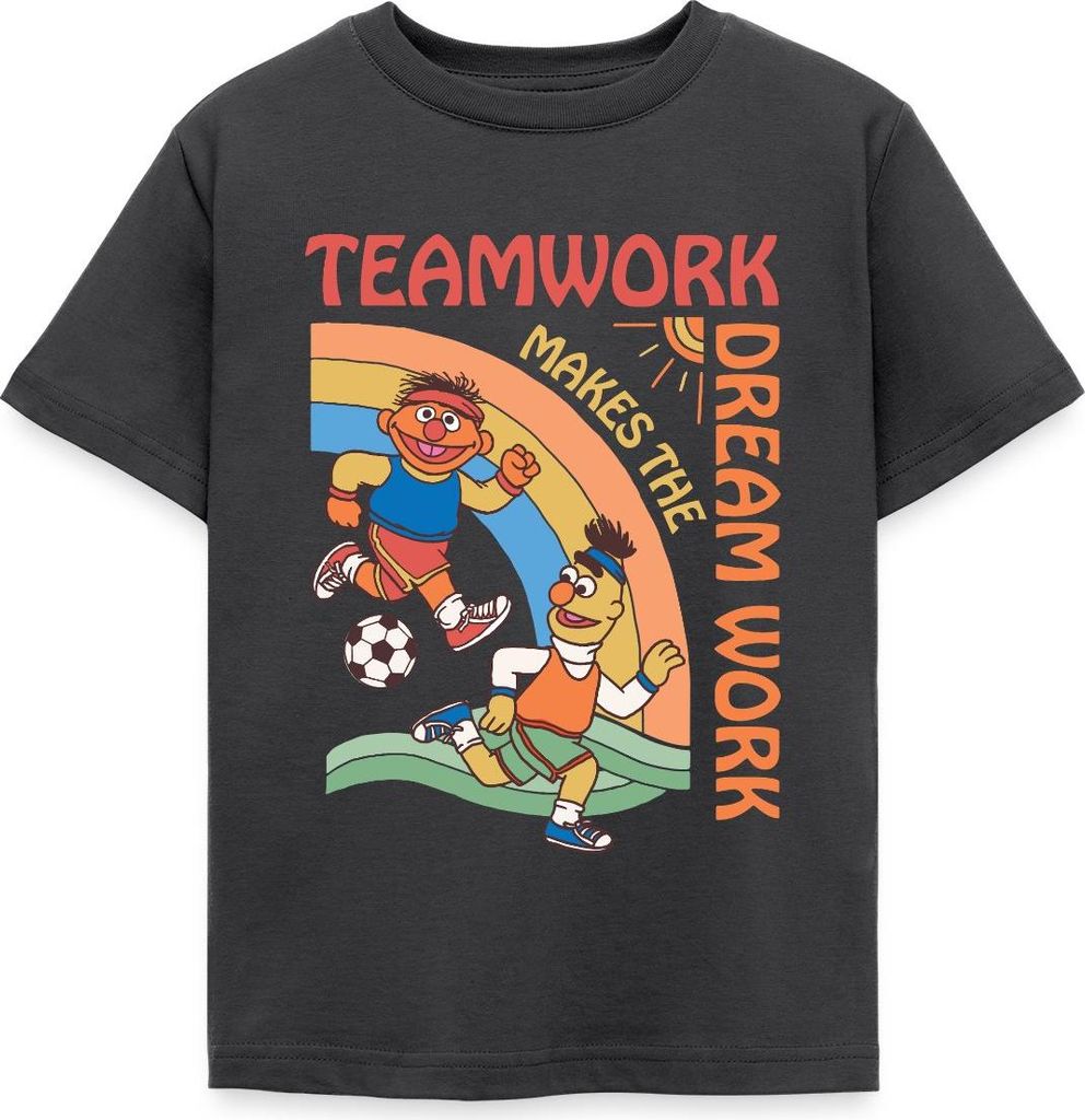 Spreadshirt Sesamstraße Teamwork Makes The Dream Work Mit Ernie Und Bert Kinder T-Shirt, 110/116 (5-6 Jahre), Dunkelgrau