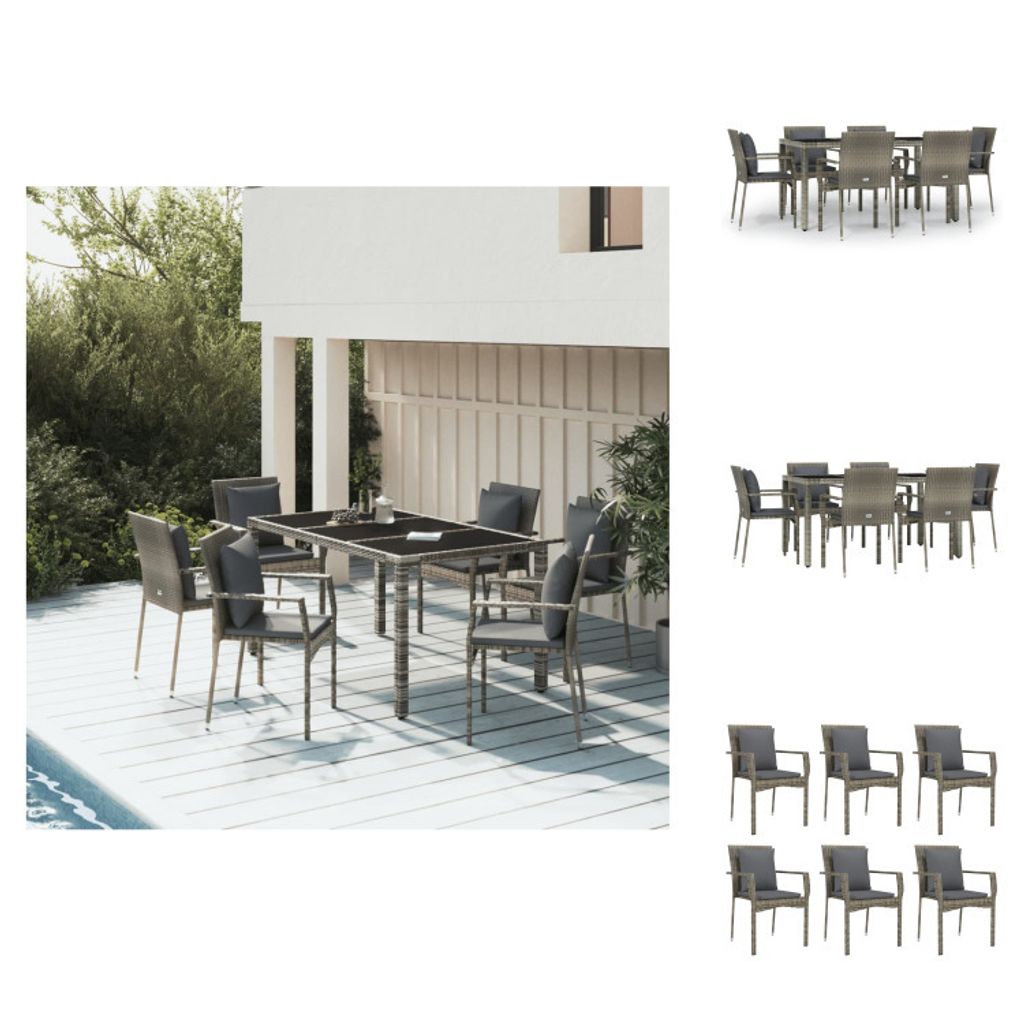 vidaXL 7-tlg. Garten-Essgruppe mit Kissen Grau Poly Rattan - Gartenmöbel-Sets