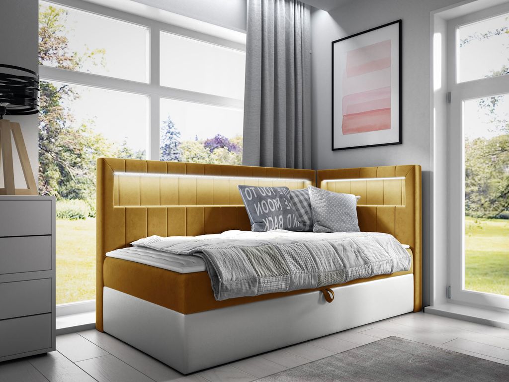 MIRJAN24 Boxspringbett Gold Junior 3 100x200, Einzelbett mit Bonellfederkern, Härtegrad - H3 (Farbe: Soft 017 + Fresh 37, Seite zum Öffnen des Be...