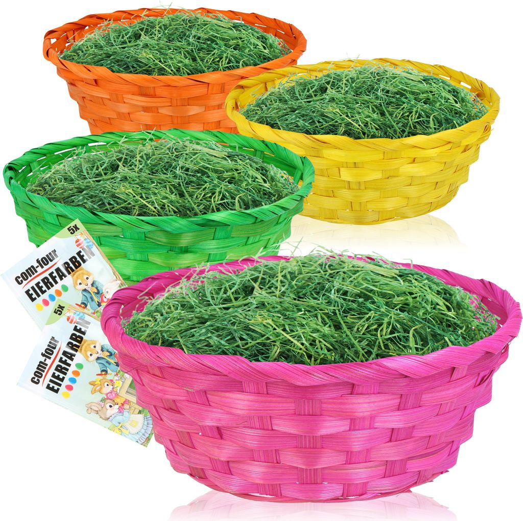 com-four 4x bunte Bastkörbe und Eierfarben als Dekoration zu Ostern - Osternest in tollen Farben - Osterkörbchen mit Ostergras