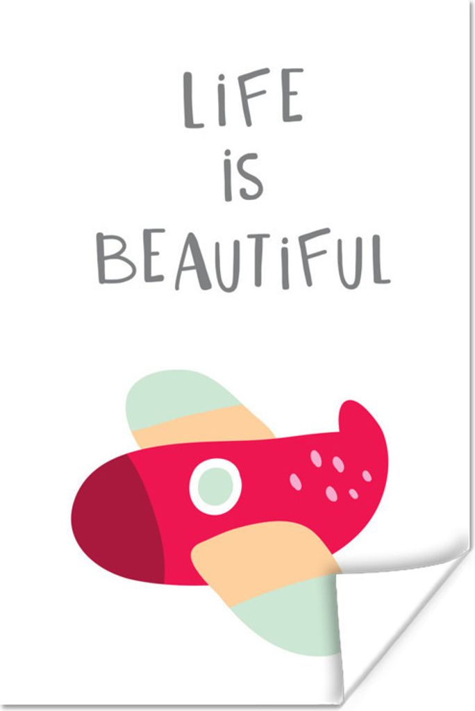 MuchoWow Poster Illustration eines Flugzeugs mit dem Zitat "Das Leben ist schön". 40x60 cm - Plakate für die Wand - Poster Babyzimmer