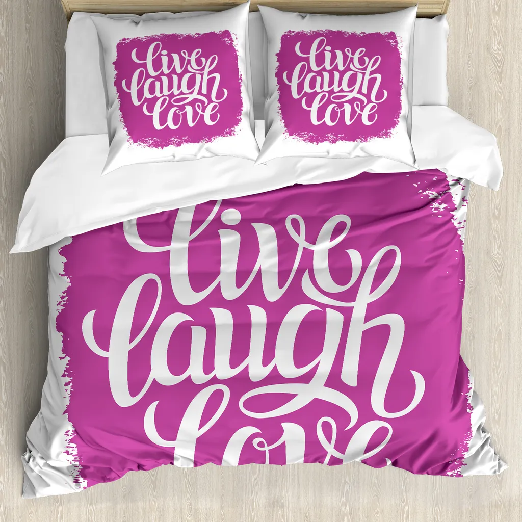 ABAKUHAUS Vivi, ridi, ama Copripiumino, motivazione alla vita, antiacaro, adatto a chi soffre di allergie, con federe, 155 cm x 220 cm - 80 x 80 cm, fucsia bianco
