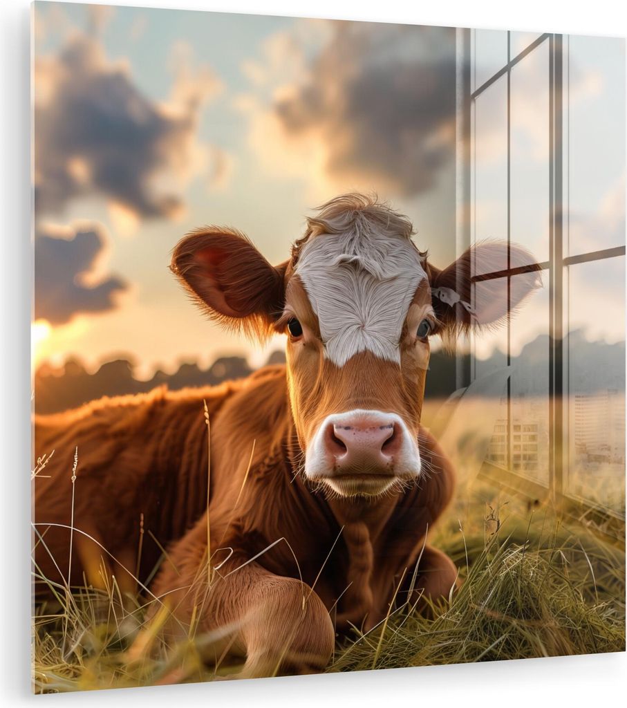 MuchoWow Glasbilder - Bilder auf Wandbild - Foto auf Glas Kuh - Tier - Wiese - Gras - Tiere - Natur 30x30 cm Wanddekoration aus Glas - Acrylglasbil...