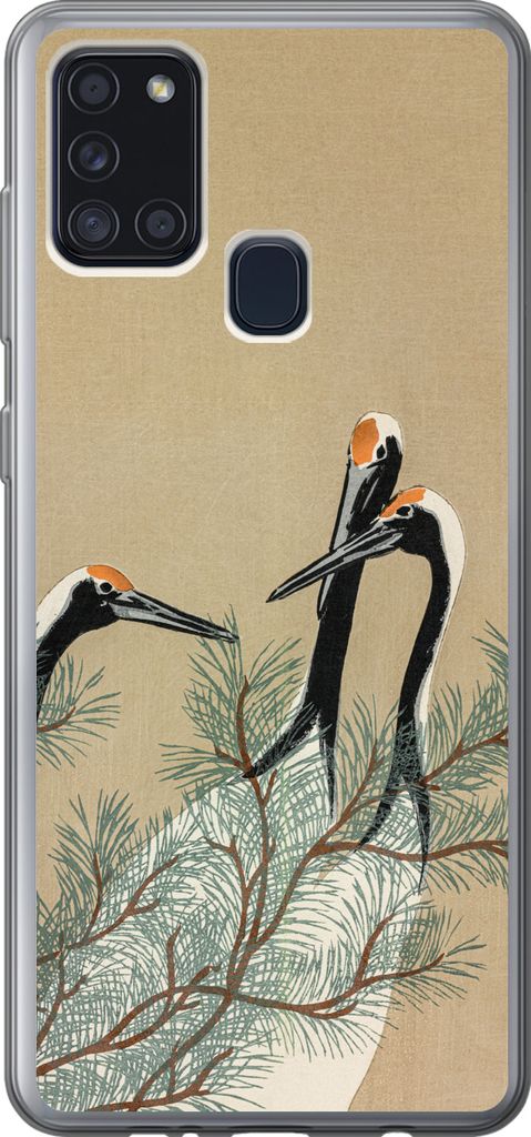 MuchoWow Handyhülle Schutzhülle Hülle für Telefoonhoesje Samsung Galaxy A21s Blätter - Kranich - Tiere - Skandinavisch - Japan Silikon Softc...