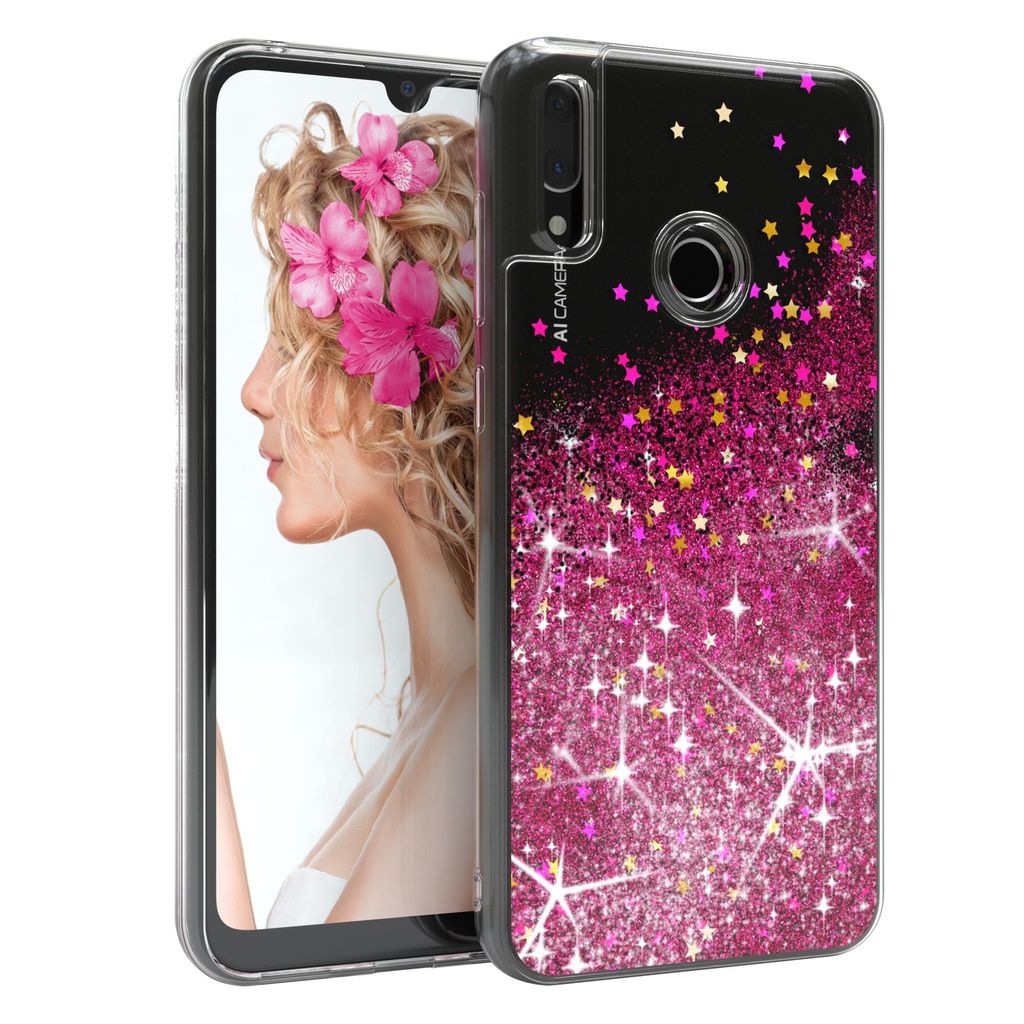 EAZY CASE Hülle kompatibel mit Huawei Y7 (2019) / Y7 Prime (2019) Schutzhülle mit Flüssig-Glitzer, Handyhülle, TPU / Silikon, Transparent, Pink