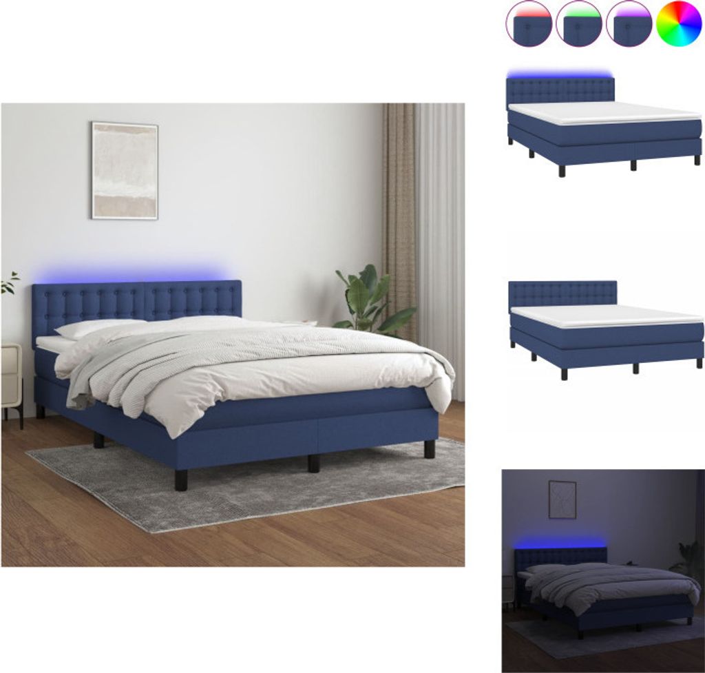 vidaXL Boxspringbett mit Matratze & LED Blau 140x200 cm Stoff - Betten & Bettgestelle