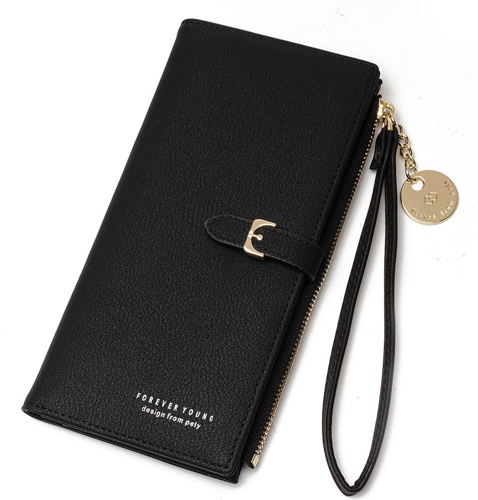 Elegantes Damen Portemonnaie in schwarzer Lederoptik – großes Wallet mit goldenen Akzenten, Handschlaufe & „Forever Young“-Prägung