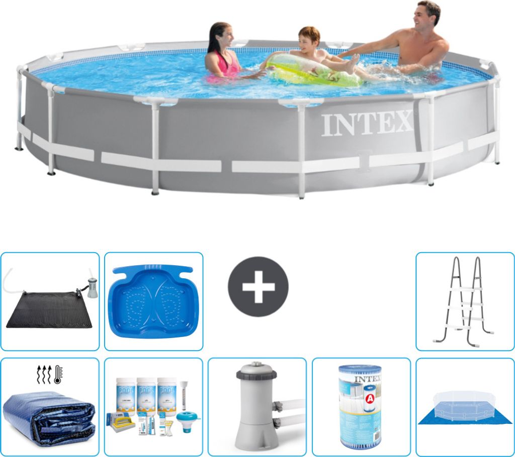 Intex Pool mit rundem Prismenrahmen – 366 x 76 cm – Grau – im Lieferumfang enthalten Sonnensegel - Wartungspaket - Filterpumpe für Schwimmba...