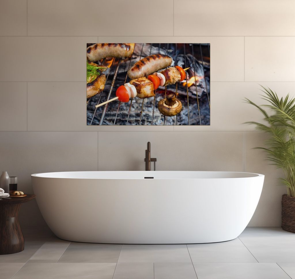Wallario wasserfestes Poster selbstklebend 91,50 x 61 cm, Schaschlik und Würste auf einem Grill, Badezimmerposter Spritzschutz mit Hochglanzoberfl...