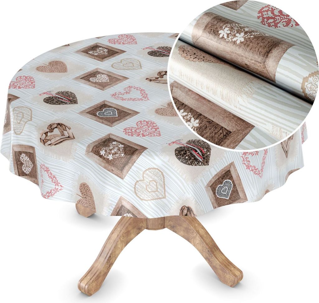 Tischdecke Wachstuch MIMOSA Retro Beige Robust Wasserabweisend Rund 120 cm