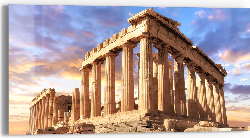 DEQORI Glasbild Echtglas 60x30 cm 'Parthenon im Abendlicht' Wandbild Bild modern Deko