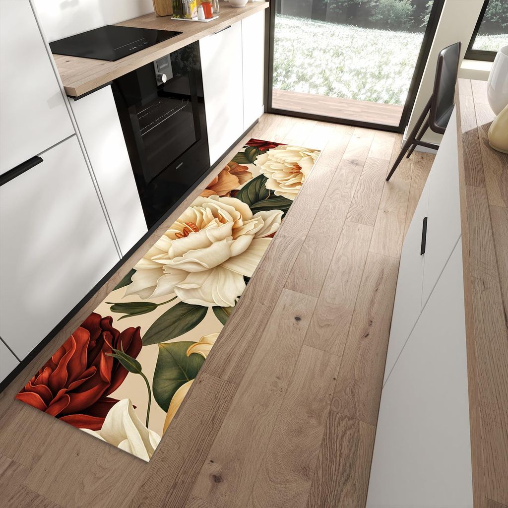 Küchenteppich 60x240cm rutschfest & abwischbar PVC Läufer - Sanfte Blumenpracht