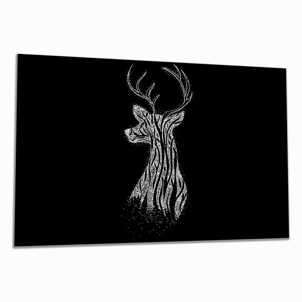 Wallario Herdabdeckplatte aus Glas, Größe 80 x 52 cm 1-teilig, Motiv Zeichnung eines Hirsches auf schwarzem Grund